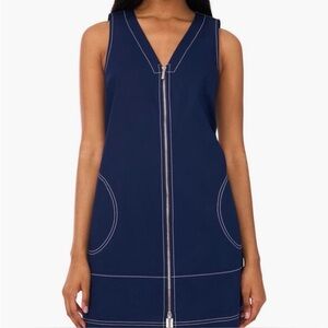 Halogen-Full Zip-Mod-Navy-Contrasting Stitch-Dress-Tank-Nautical-Cotton-Size L